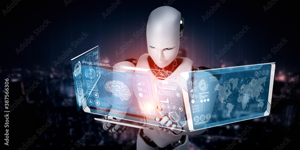 Robot humanoid using tablet computer in concept of AI thinking brain , artificial intelligence and m