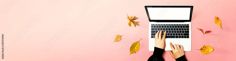 Autumn leaves with person using a laptop computer from above