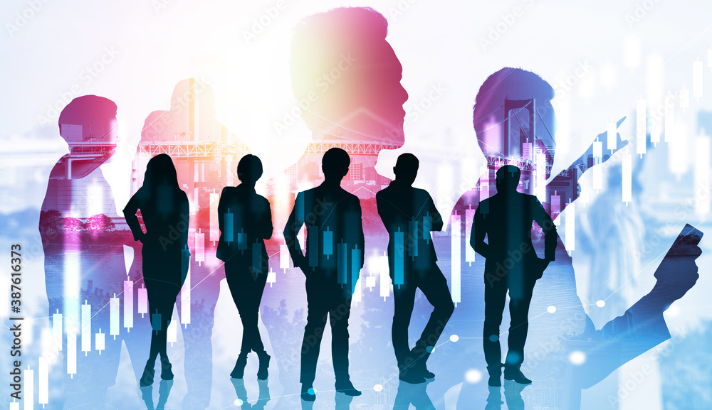 Abstract image of many business people together in group on background of city view with office buil