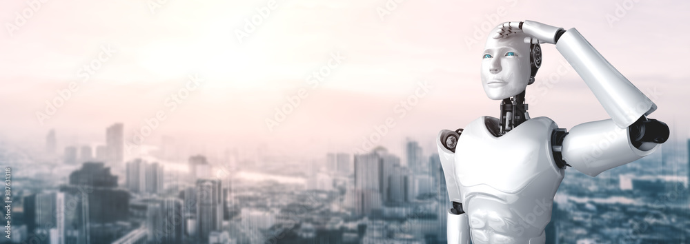 3D illustration robot humanoid looking forward against cityscape skyline . Concept of leadership, id