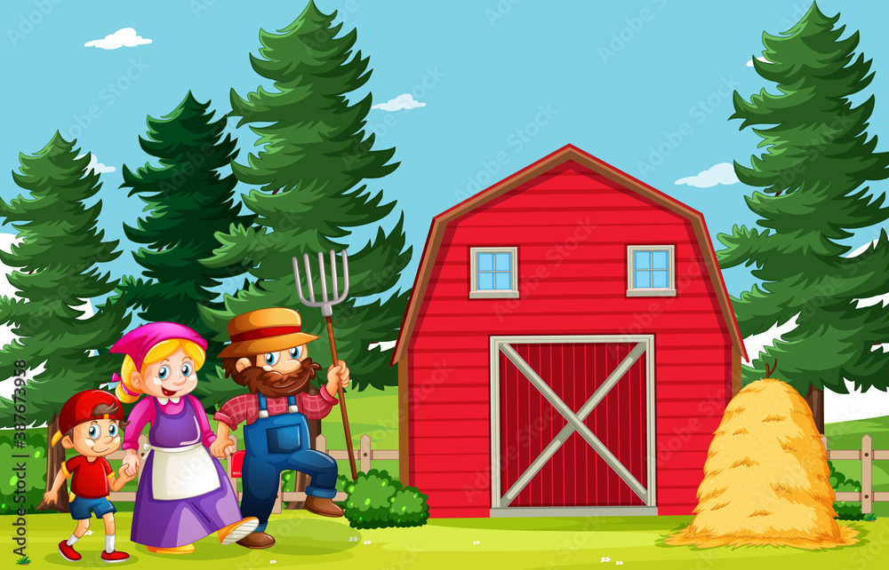 Happy family in farm scene in cartoon style