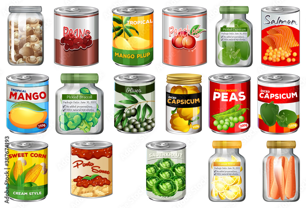 Set of different canned food and food in jars isolated