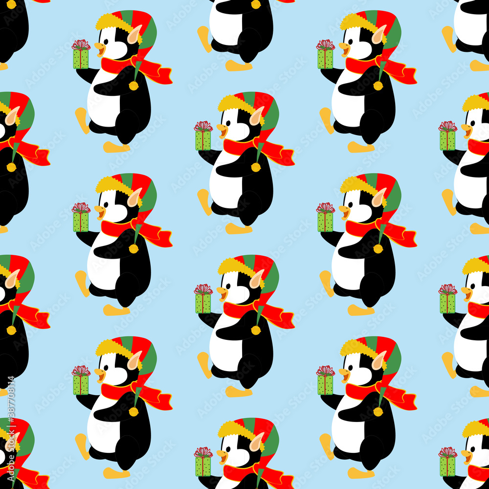 Penguin in christmas party costume seamless pattern