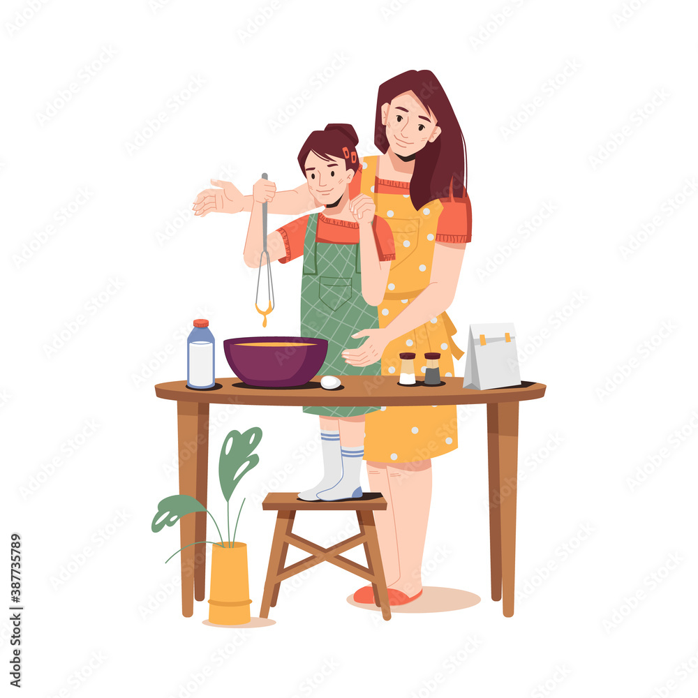 Mother teachers daughter to cook, girl helping mum with cooking. Vector woman and young lady making 