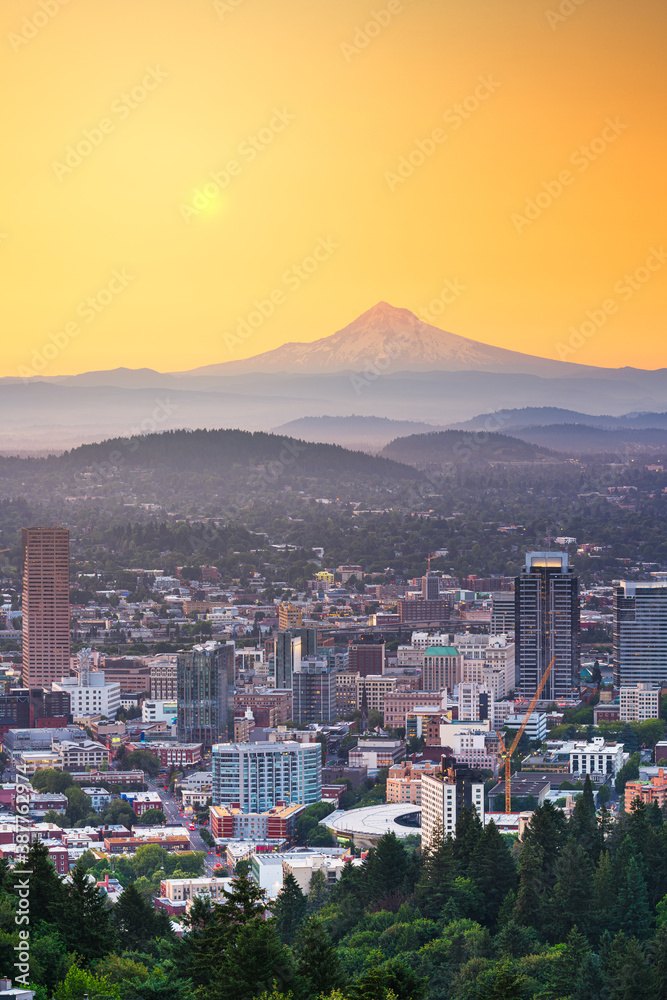 Portland, Oregon, USA skyline at dusk with Mt. Hood