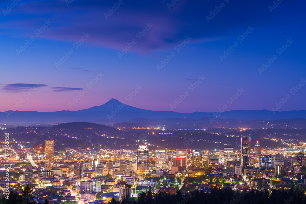 Portland, Oregon, USA skyline at dusk with Mt. Hood