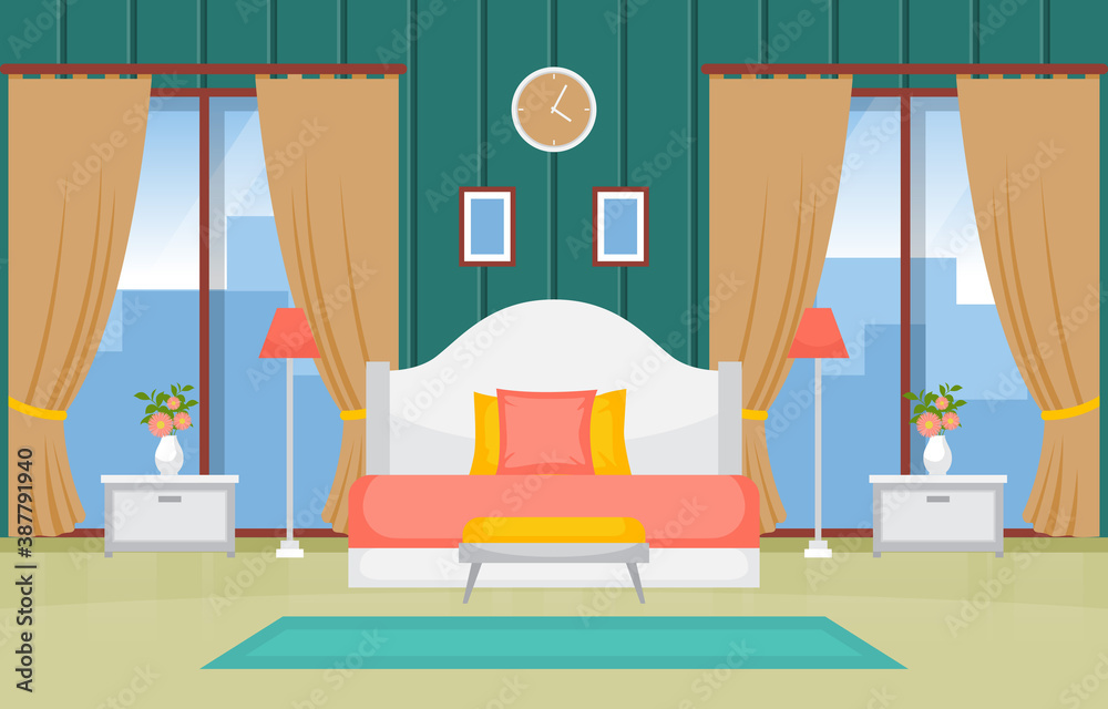 Bedroom Sleeping Room Bed Interior Design Modern Hotel Apartment Illustration