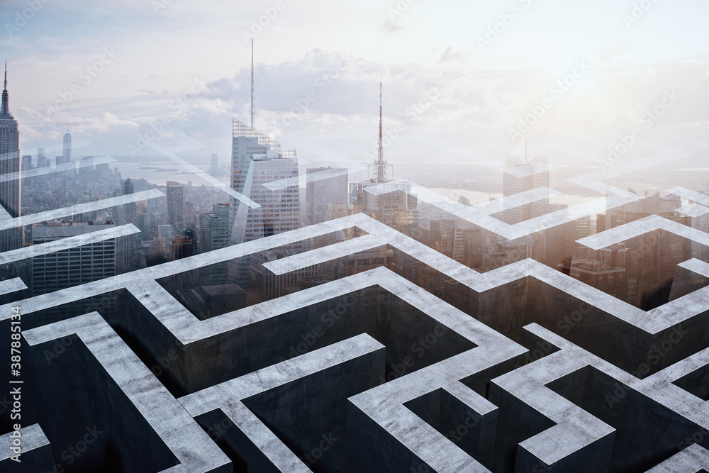 Creative labyrinth on panoramic city background.