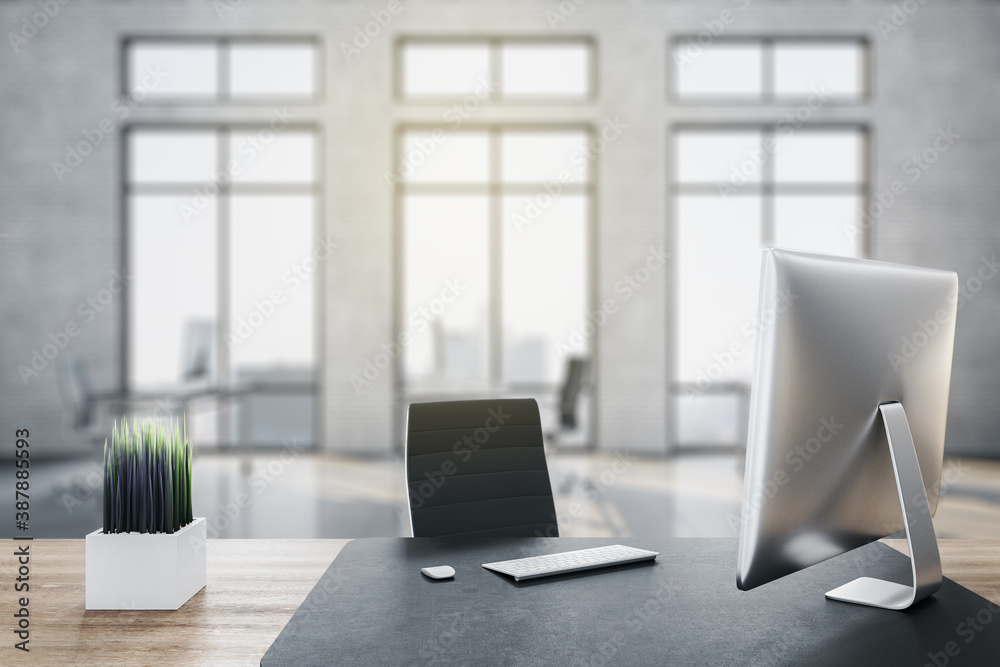 Clean office interior with city view and workplace.