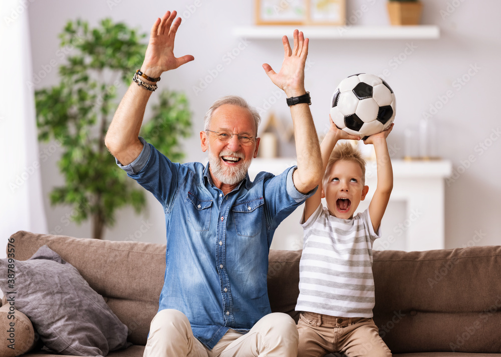 Excited grandfather and grandson watching football match on TV.