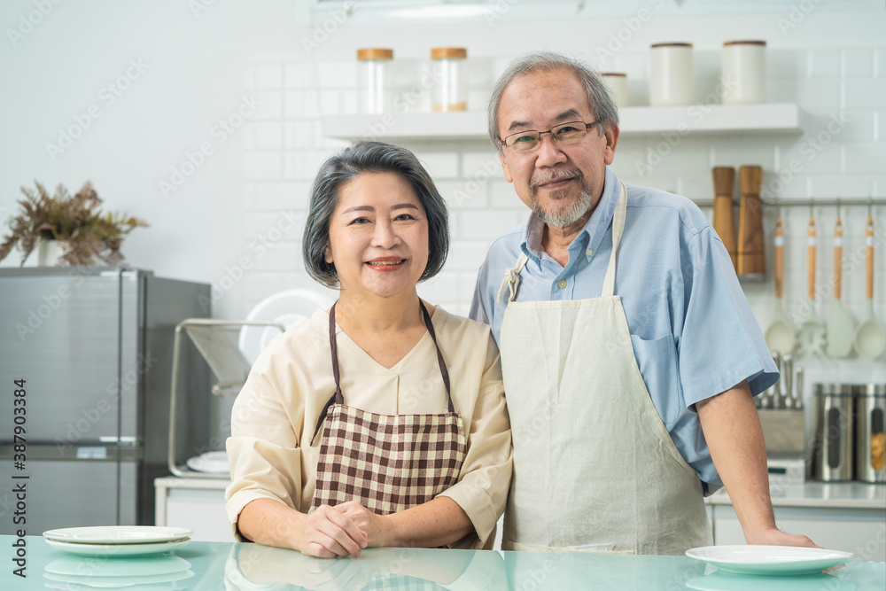 Portrait of Asian grandparents couple smiling, standing in the kitchen