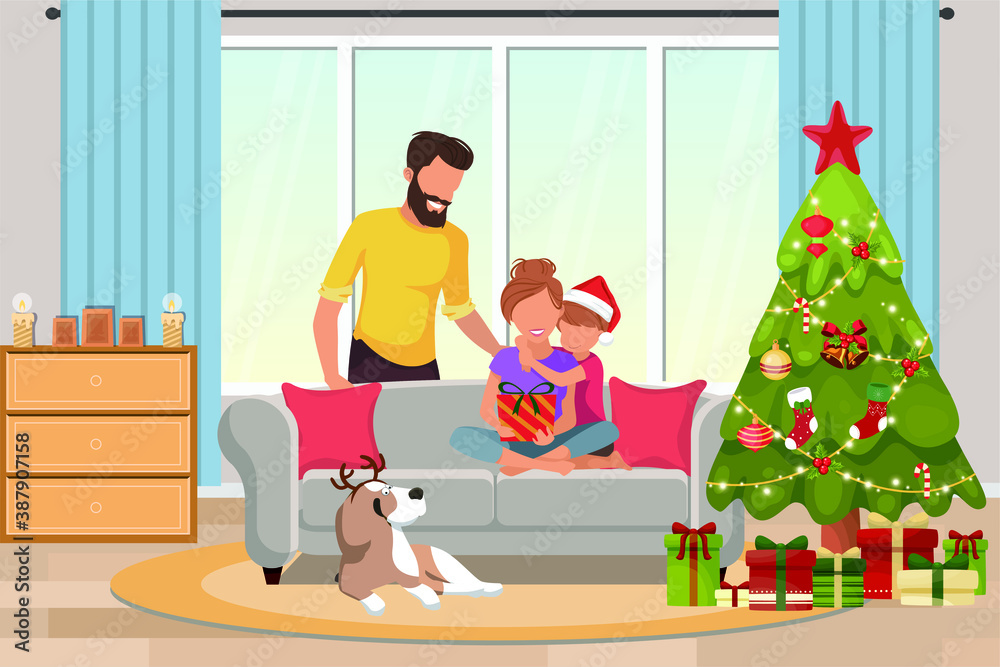 vector of happy caucasian family with one child celebrating christmas at home