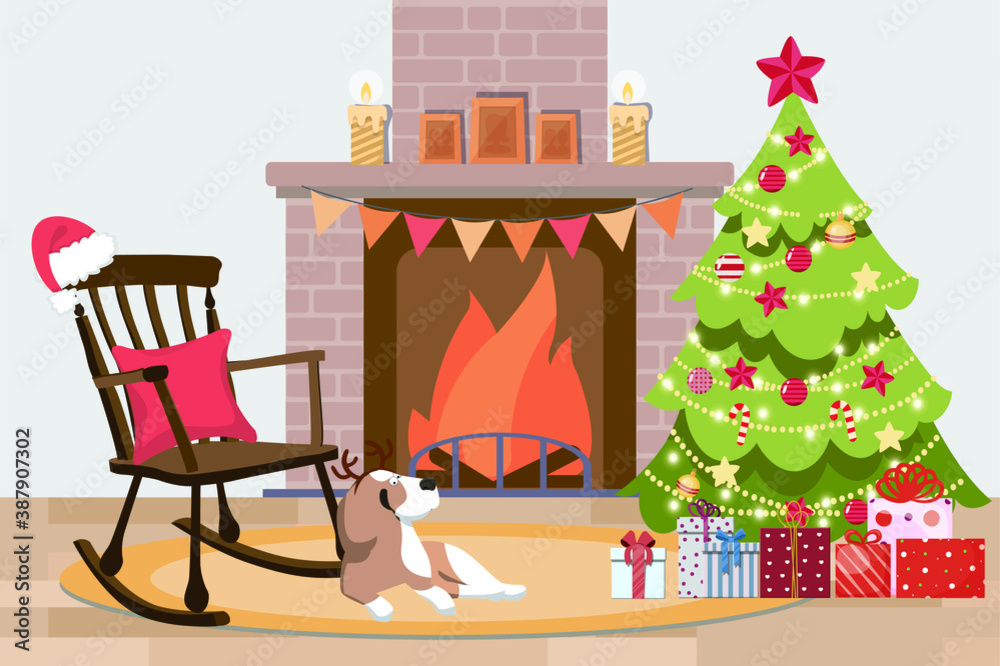 vector of family living room with fireplace chair christmas tree and pet dog