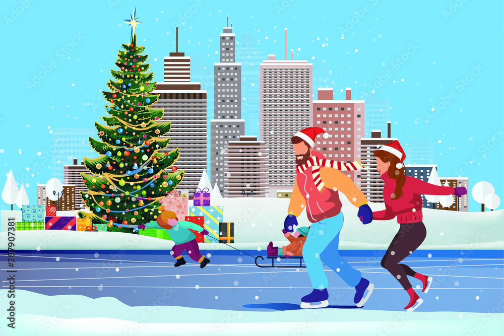 vector of people skating in city ice rink during christmas