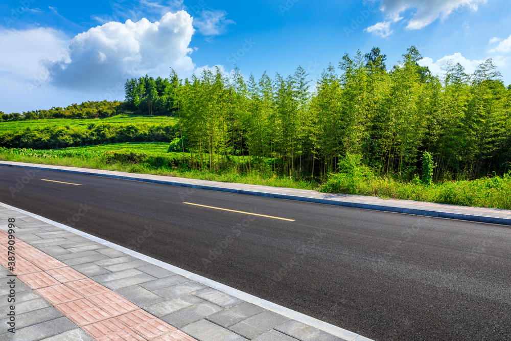 Asphalt road and green bamboo with mountain natural scenery in Hangzhou on a sunny day.