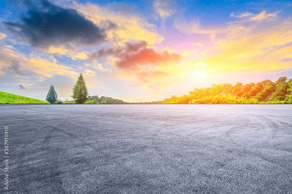 Race track road and green tea plantations with mountain natural scenery in Hangzhou.