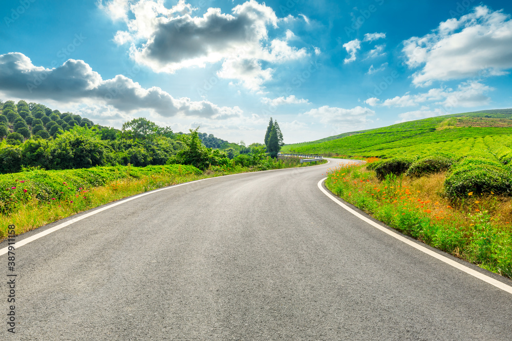 Countryside asphalt road and green tea plantations with mountain natural scenery in Hangzhou on a su