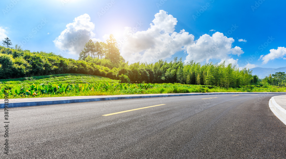 Countryside asphalt road and green tea plantations with mountain natural scenery in Hangzhou on a su