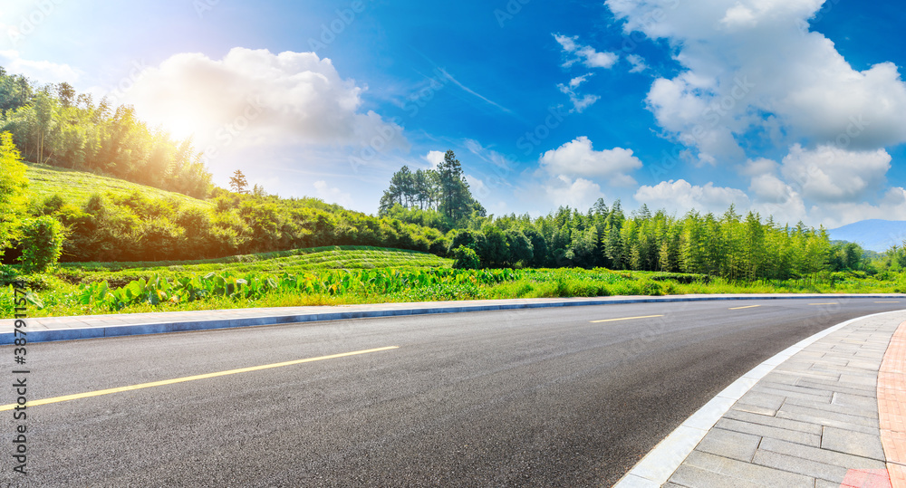 Countryside asphalt road and green tea plantations with mountain natural scenery in Hangzhou on a su