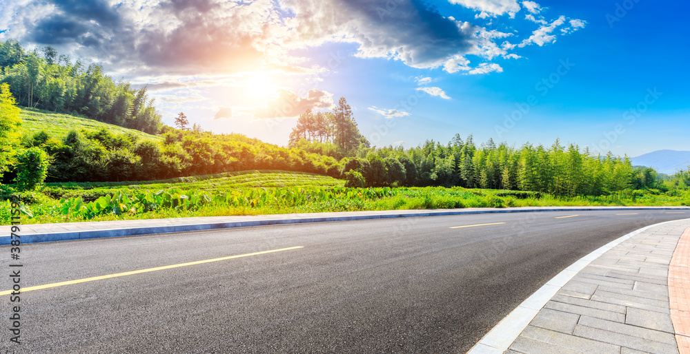 Countryside asphalt road and green tea plantations with mountain natural scenery in Hangzhou on a su