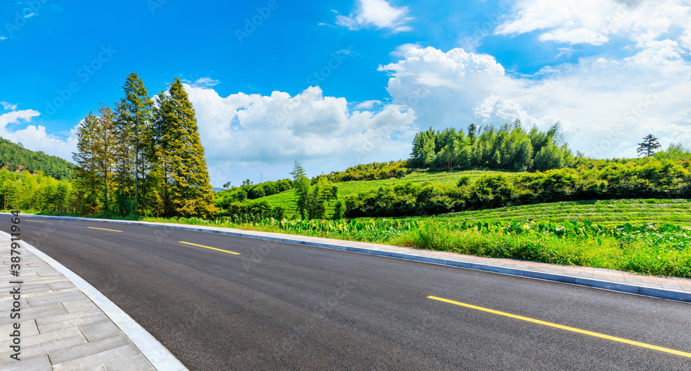 Countryside asphalt road and green tea plantations with mountain natural scenery in Hangzhou on a su