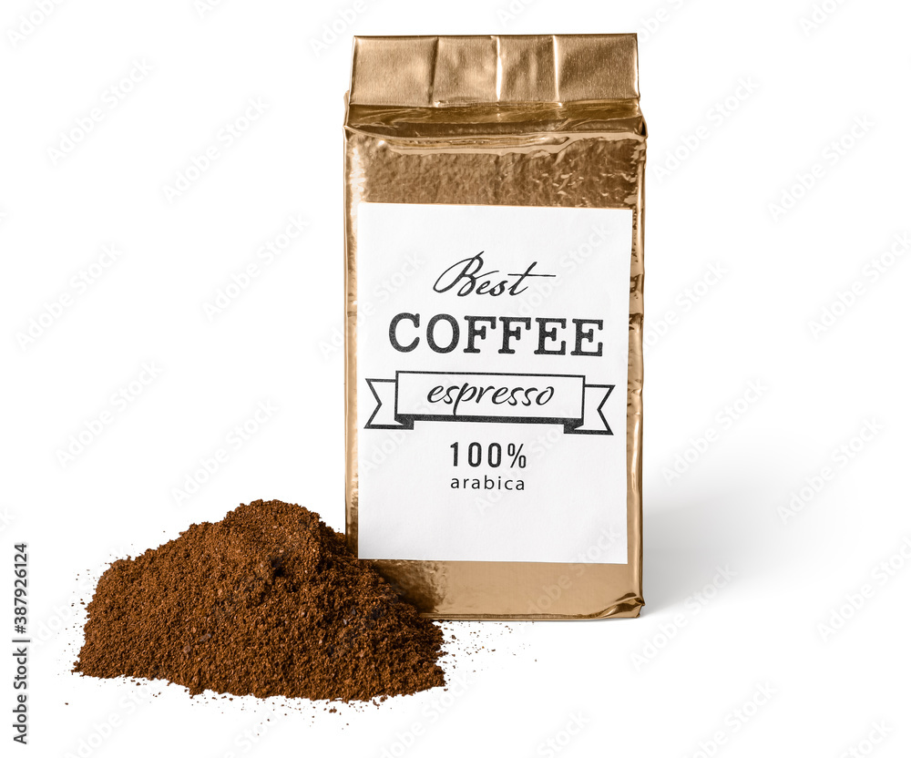 Coffee bag and powder on white background