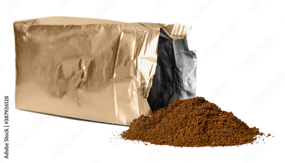 Coffee bag and powder on white background