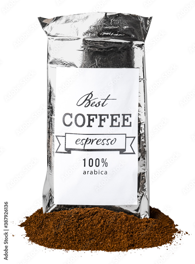 Coffee bag and powder on white background