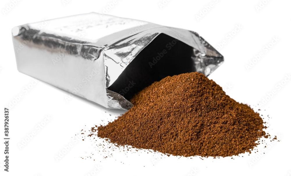 Coffee bag and powder on white background