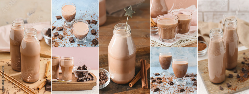 Collage of tasty chocolate milk on table