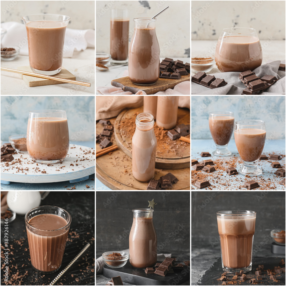 Collage of tasty chocolate milk on table