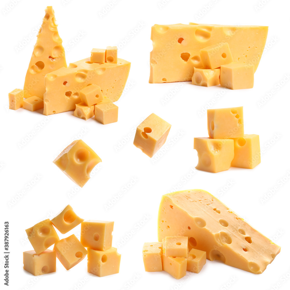 Pieces of tasty cheese on white background