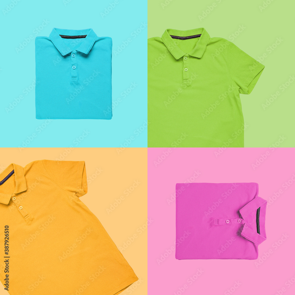 Different blank t-shirts on color background