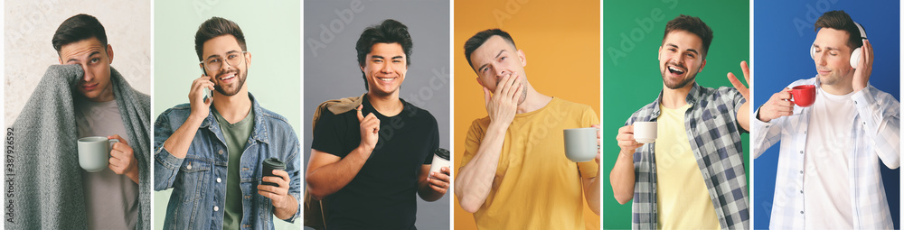 Collage of handsome men with cups of coffee on color background