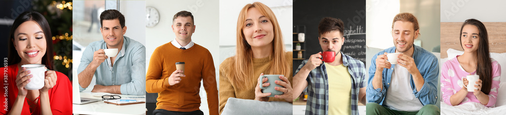 Collage of different people with cups of coffee indoors