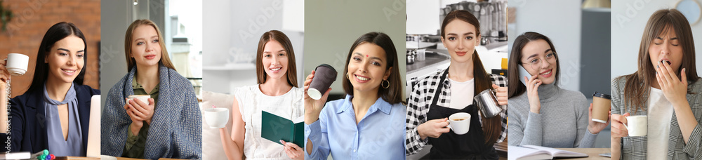 Collage of beautiful women with cups of coffee indoors