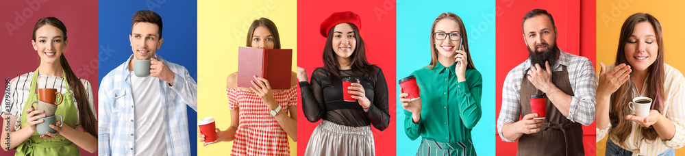 People with cups of coffee on color background