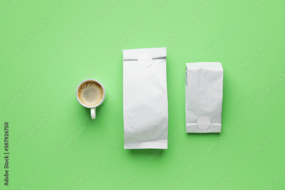 Composition with aromatic coffee on color background