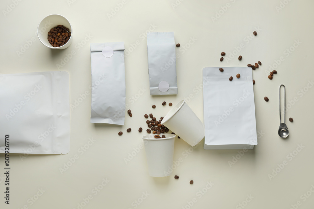 Composition with aromatic coffee on white background