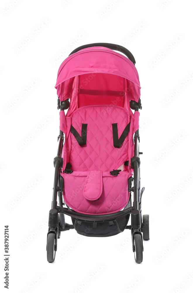 Modern baby stroller on white background