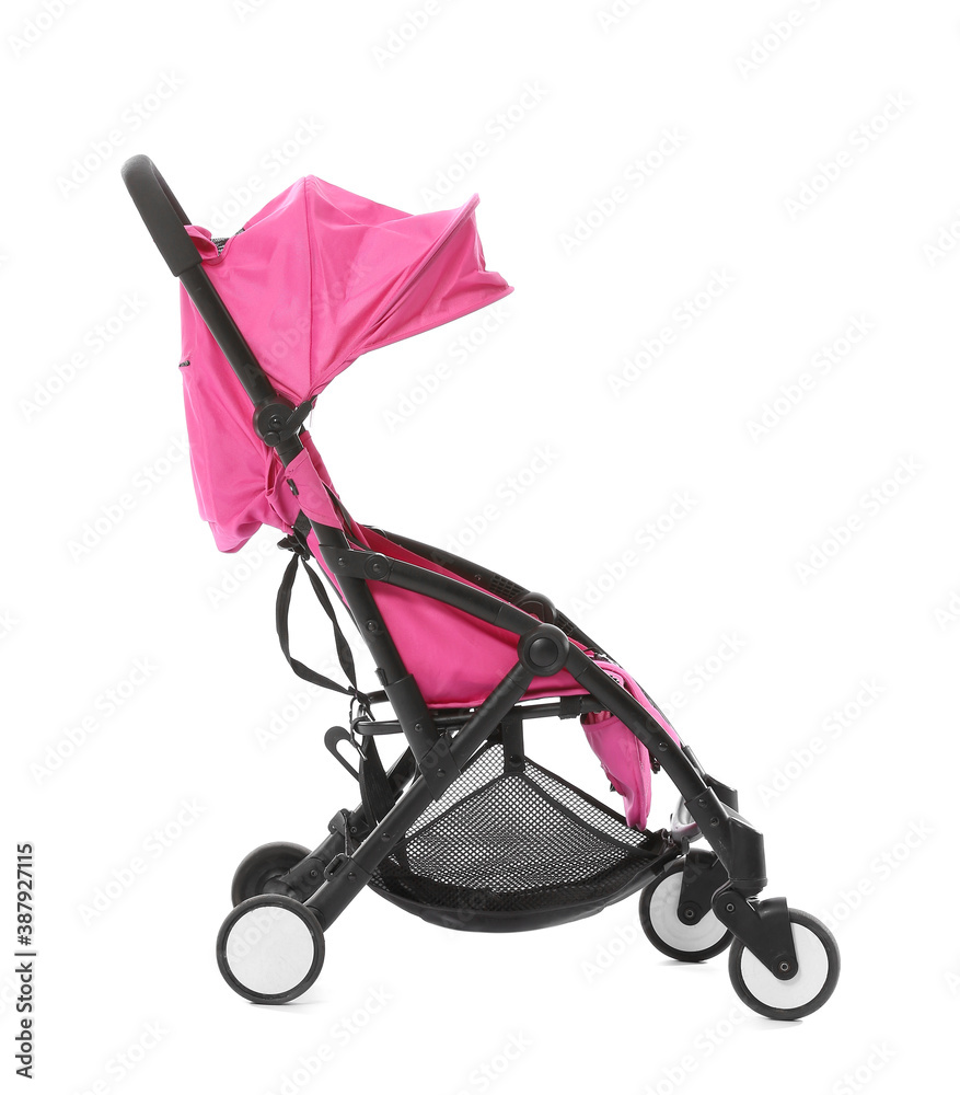 Modern baby stroller on white background