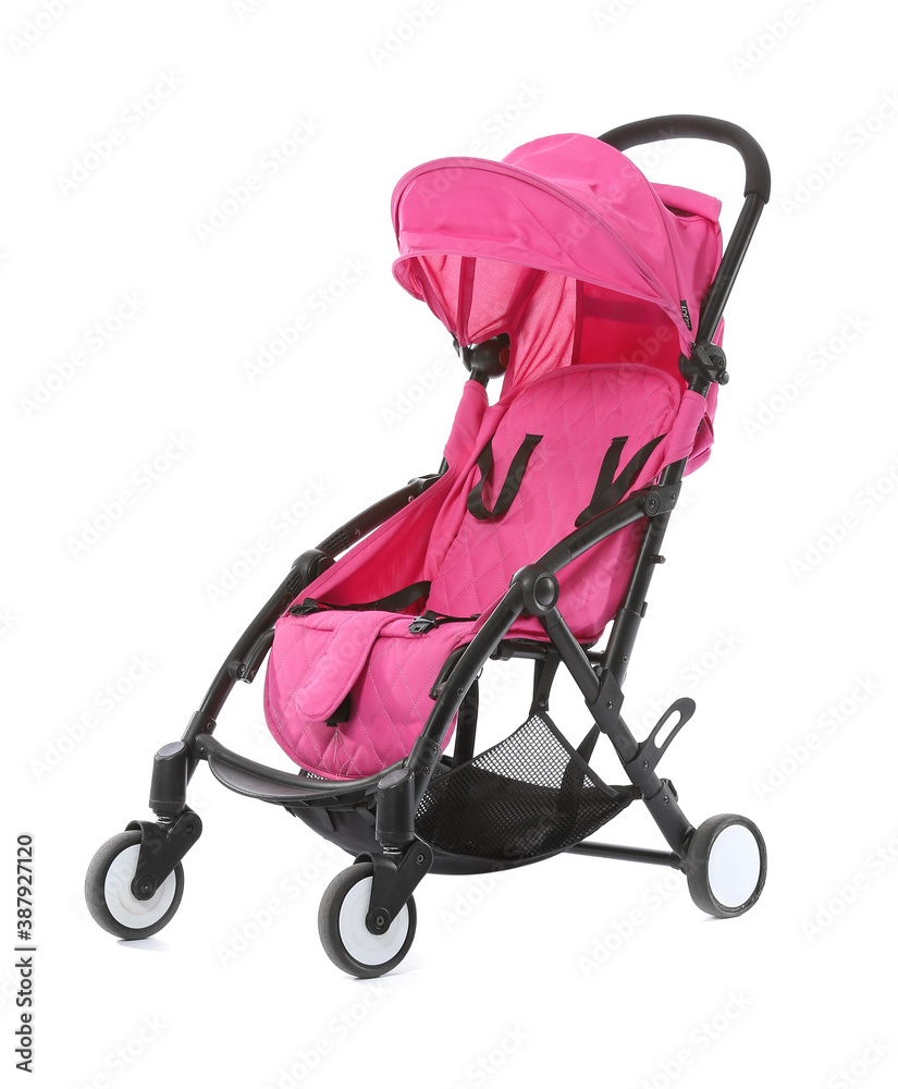 Modern baby stroller on white background