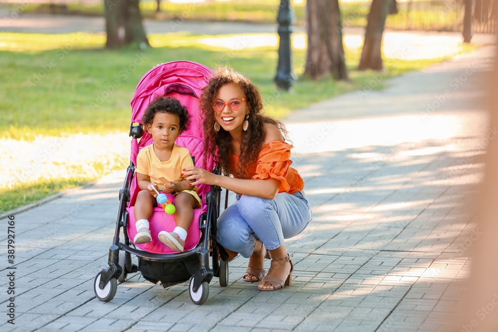 African-American woman and her cute baby in stroller outdoors