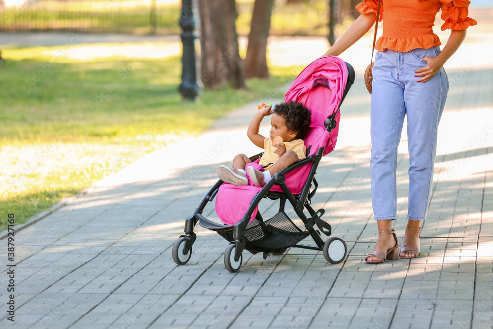 African-American woman and her cute baby in stroller outdoors