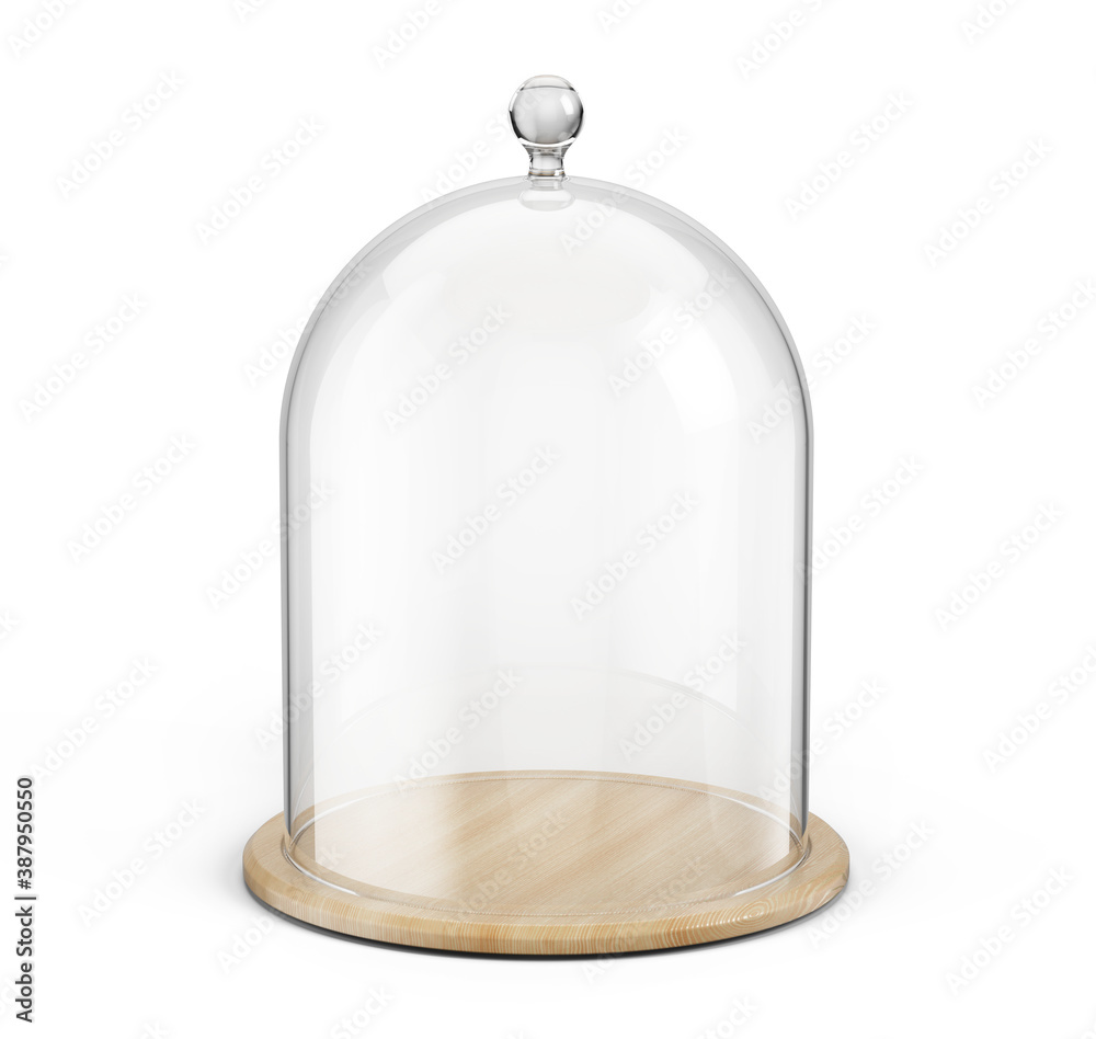 Glass cover dome bell with wooden tray isolated on white background. 3d rendering