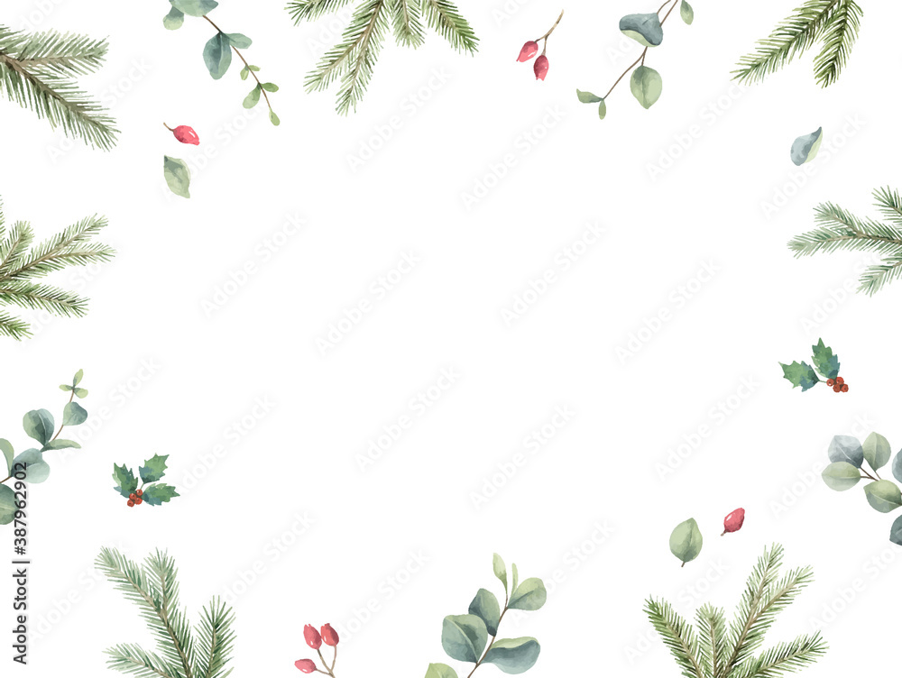 Watercolor vector Christmas card with fir branches and eucalyptus leaves.