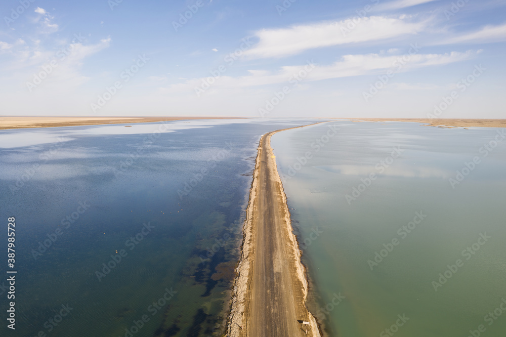 The lake with a path in the middle.