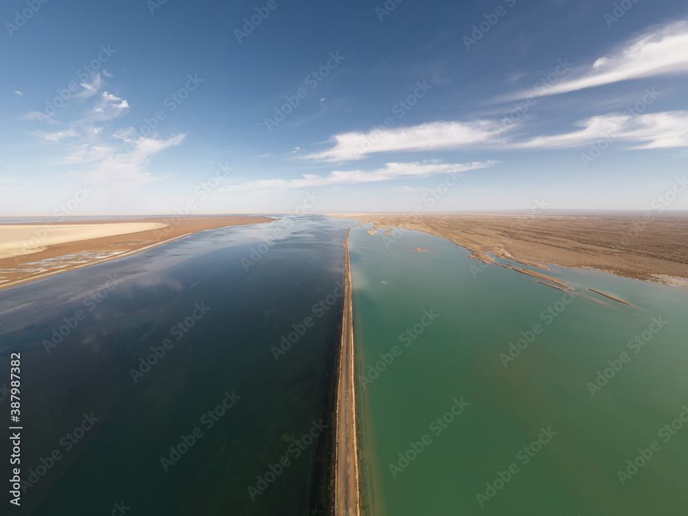 The lake with a path in the middle.