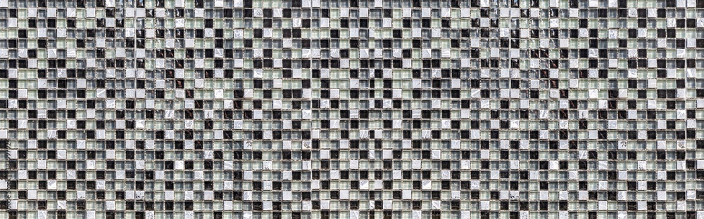 Panorama of Black and white pattern glass mosaic wall tile texture and seamless background