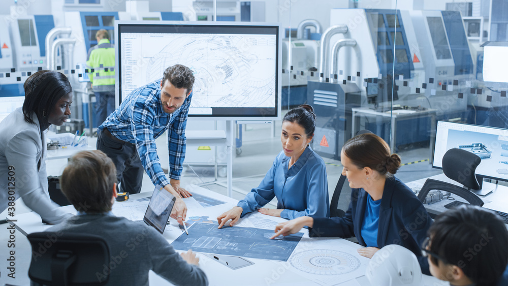 Modern Factory Office Meeting Room: Busy Diverse Team of Engineers, Managers and Investors Talking a